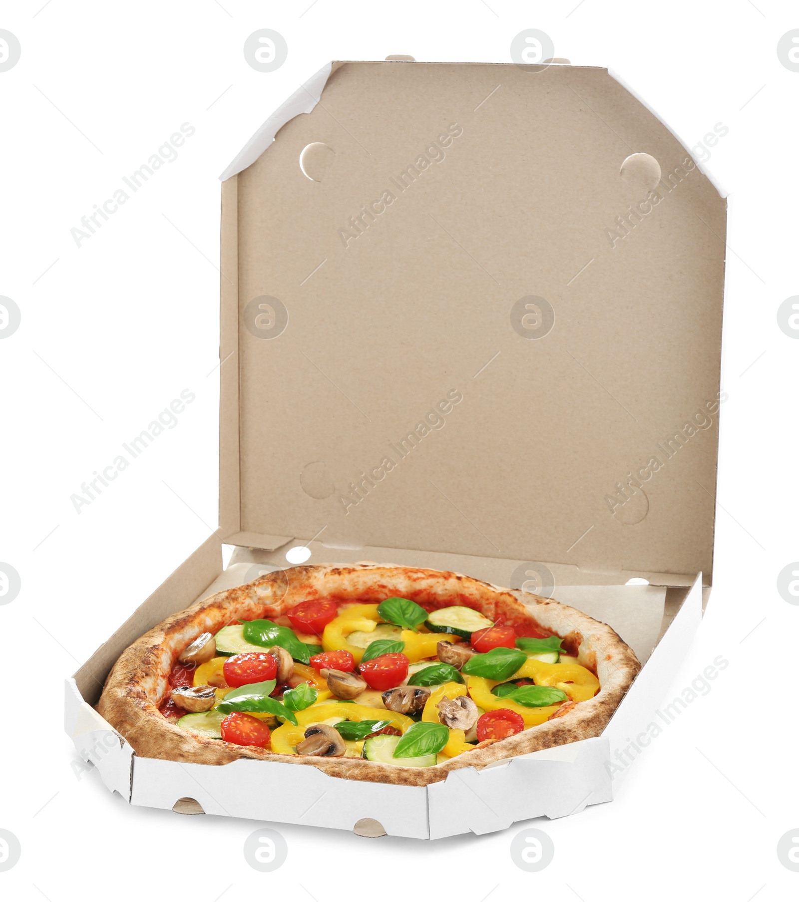 Photo of Delicious vegetable pizza in cardboard box on white background