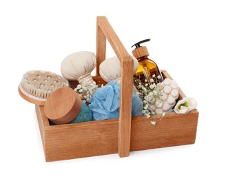 Photo of Spa gift set with different products in crate on white background