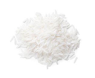 Photo of Pile of raw basmati rice isolated on white, above view