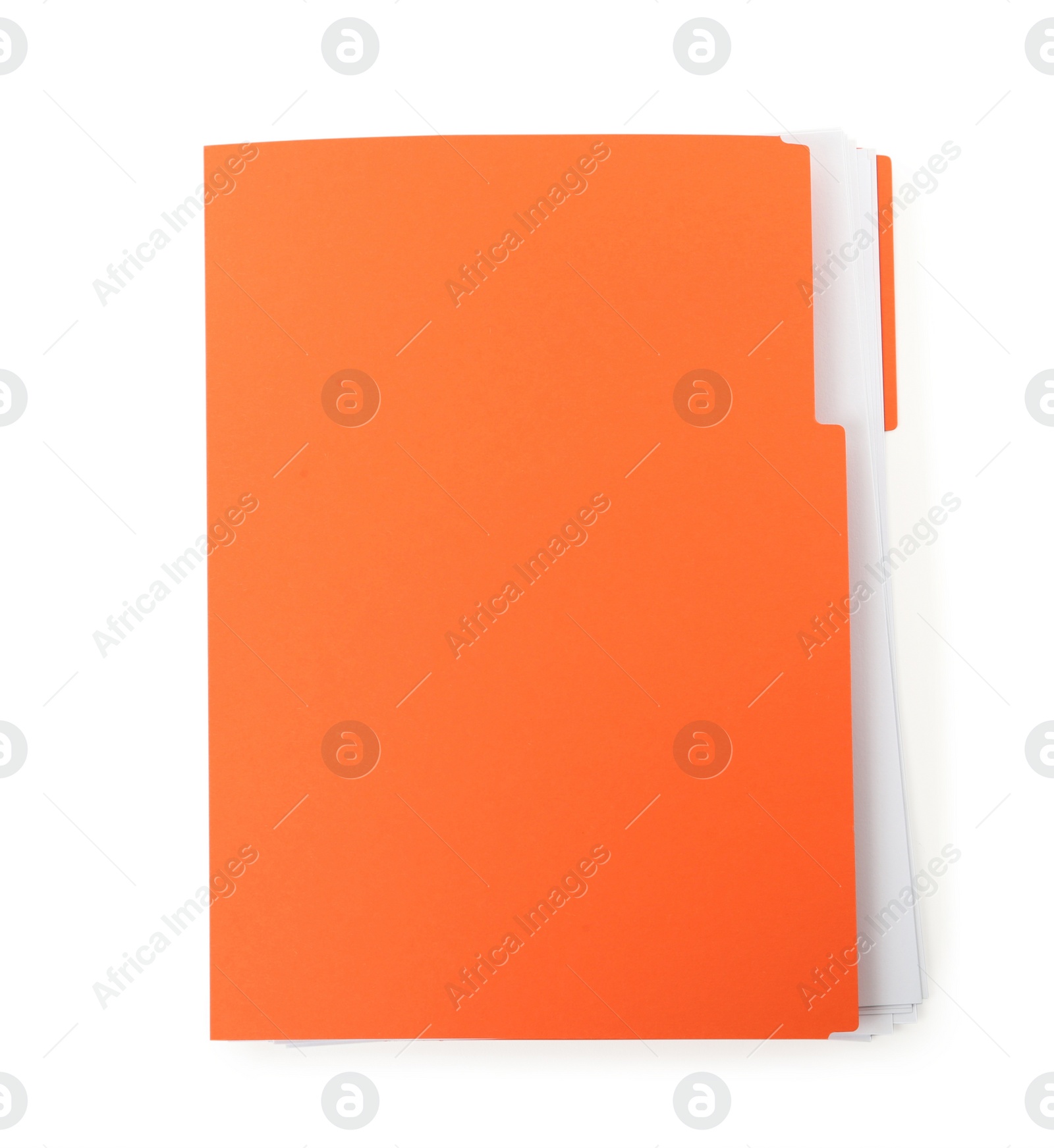 Photo of Orange file with documents isolated on white, top view