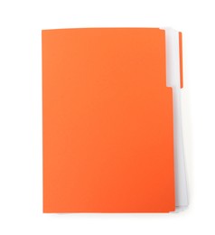 Photo of Orange file with documents isolated on white, top view