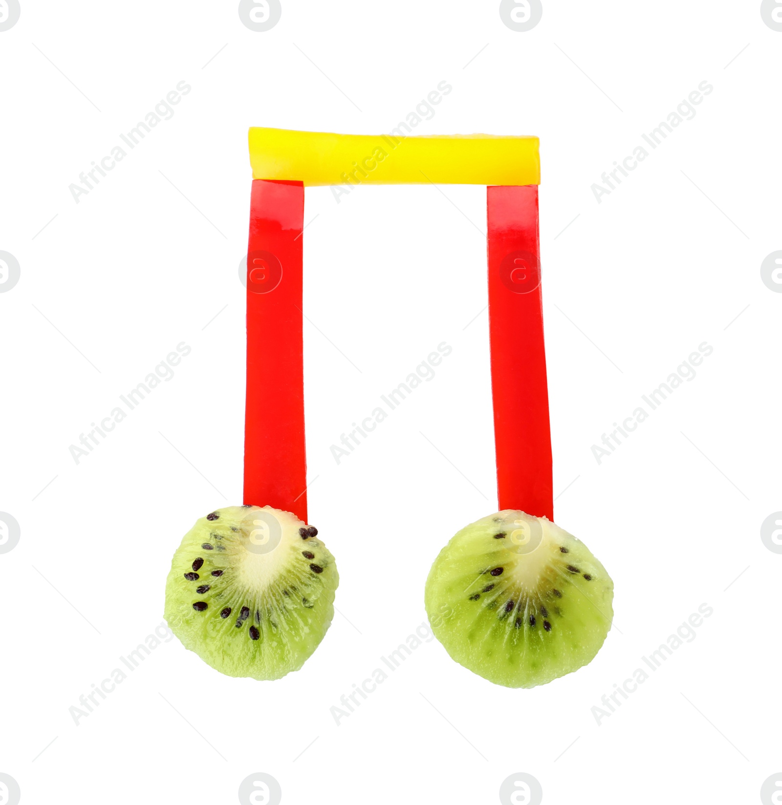 Photo of Musical note made of fruits and vegetables on white background, top view