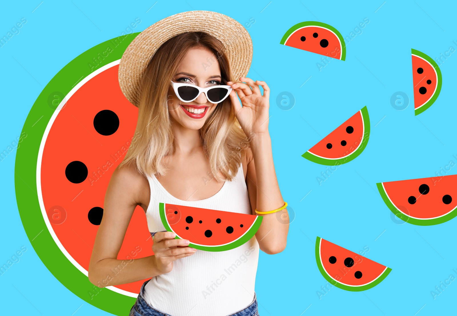 Image of Pretty young woman with juicy watermelon on light blue background, stylish collage design. Summer season