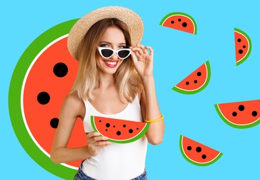 Pretty young woman with juicy watermelon on light blue background, stylish collage design. Summer season