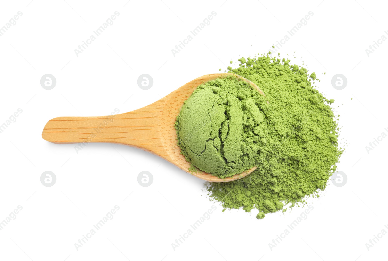 Photo of Wooden spoon with green matcha powder isolated on white, top view