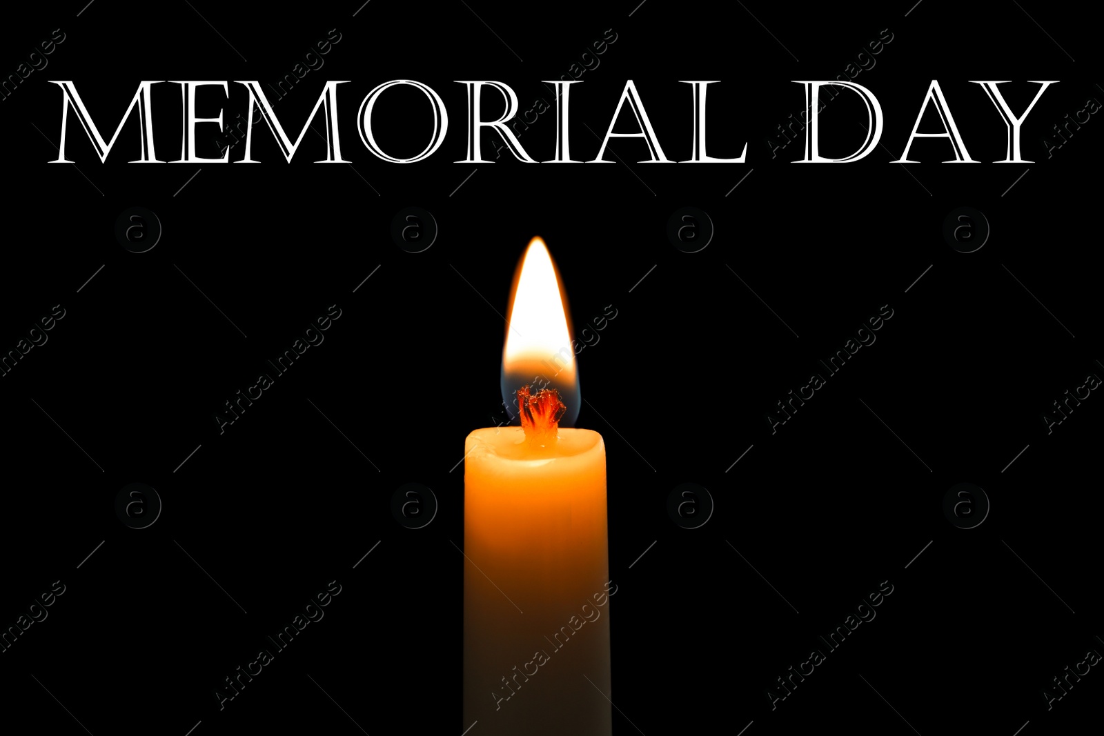 Image of Memorial day. Wax candle burning on black background