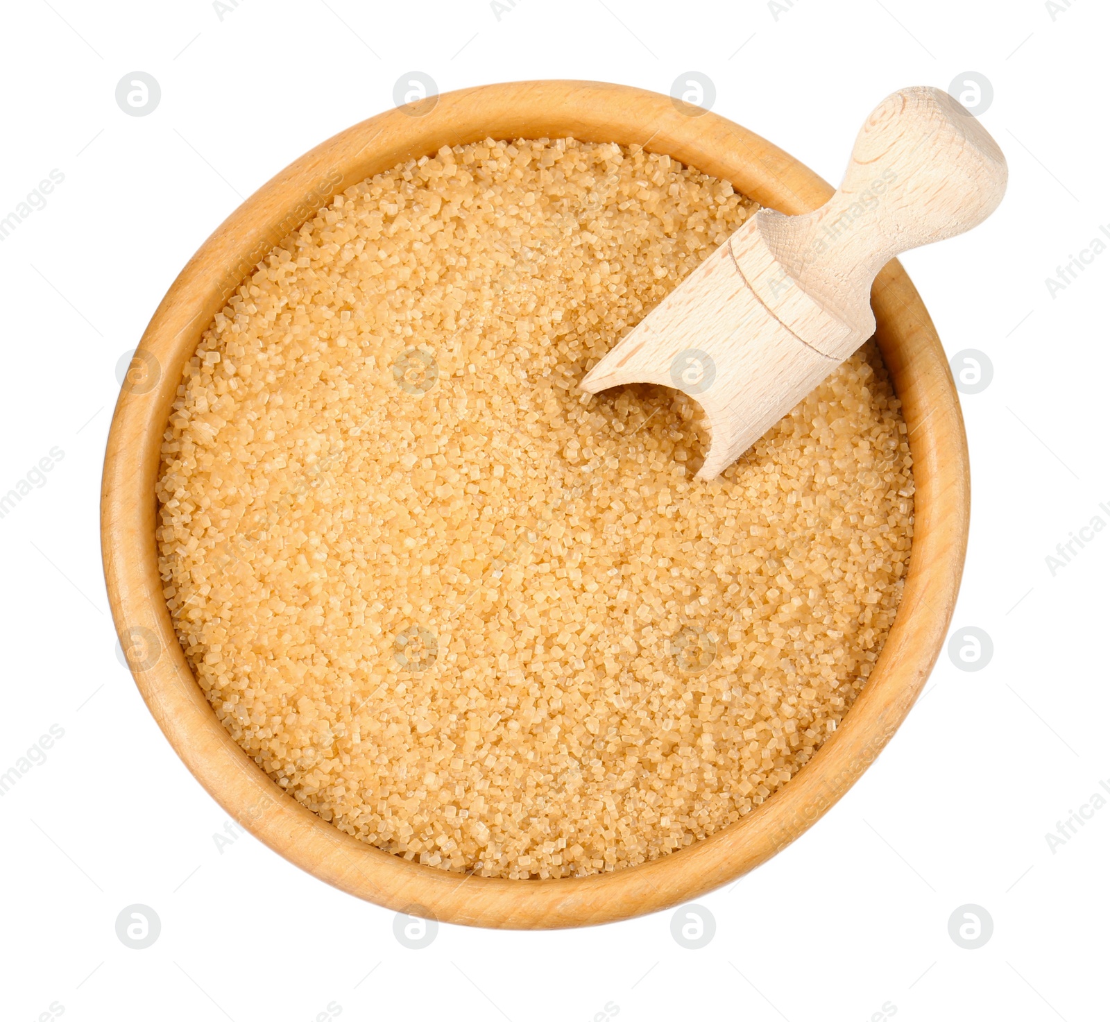 Photo of Brown sugar in bowl and scoop isolated on white, top view