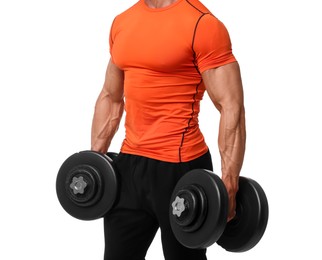 Photo of Young bodybuilder exercising with dumbbells on white background, closeup