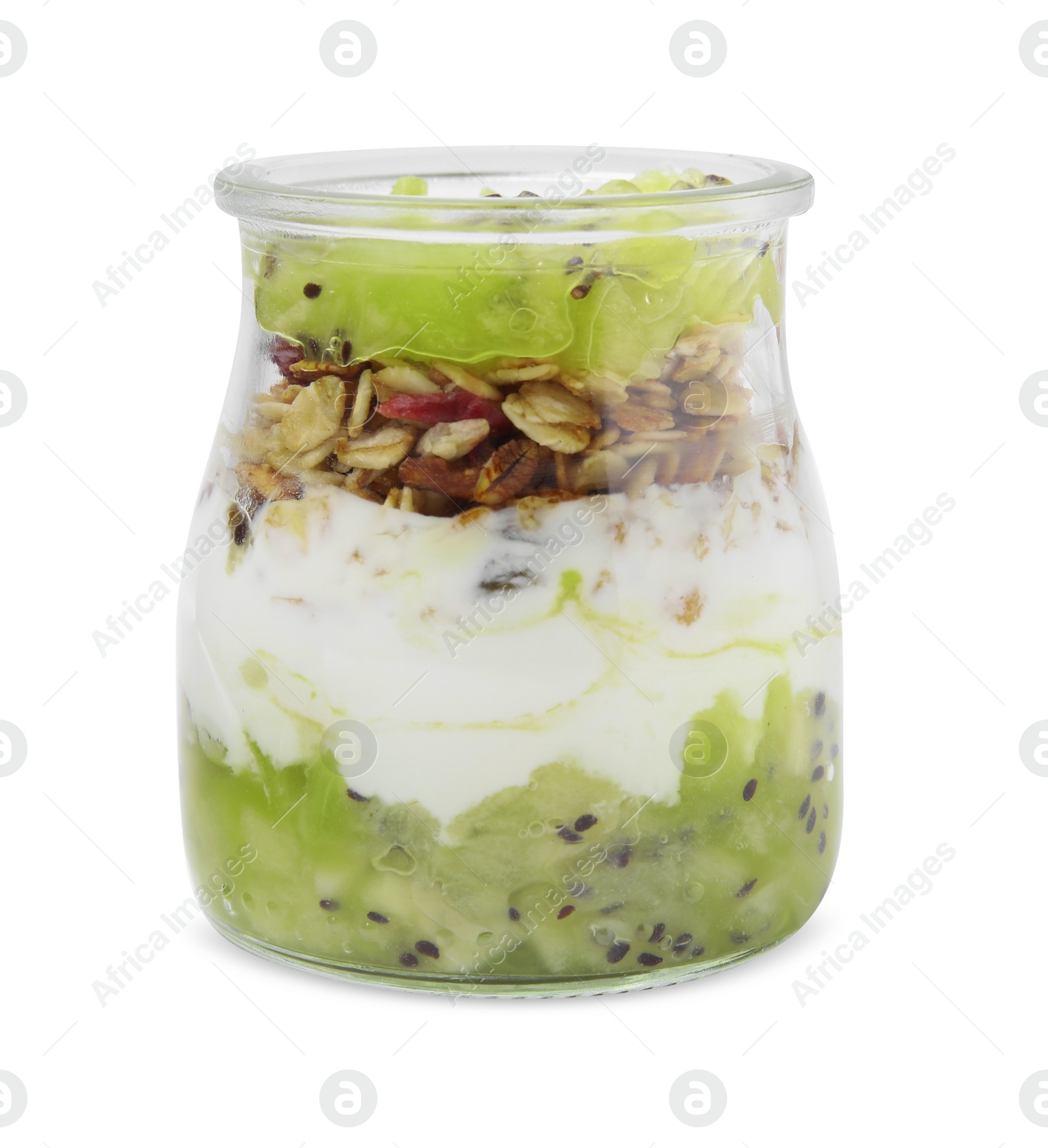 Photo of Delicious dessert with kiwi, muesli and yogurt isolated on white