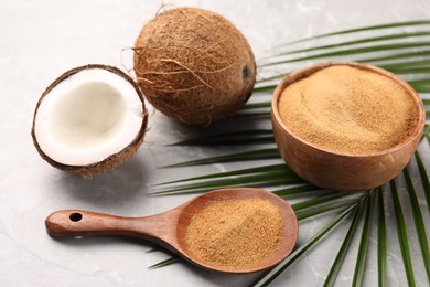 Photo of Spoon with coconut sugar, palm leaves, bowl and fruit on light marble table, closeup