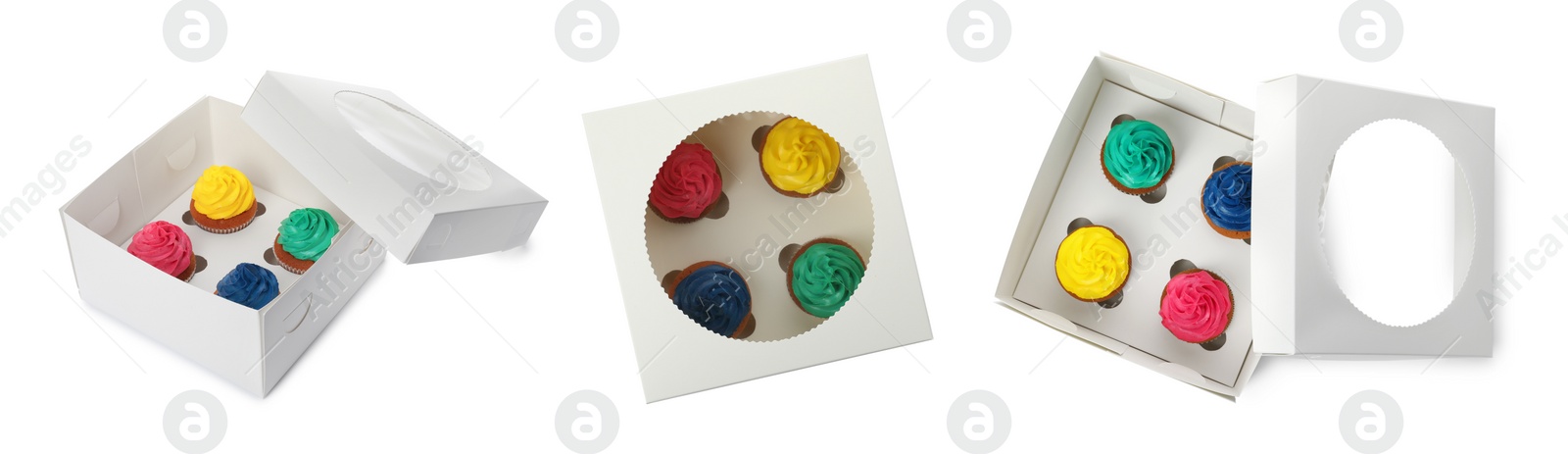 Image of Set of boxes with different tasty cupcakes on white background. Banner design