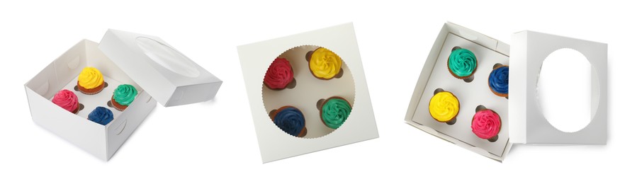 Image of Set of boxes with different tasty cupcakes on white background. Banner design