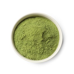 Photo of Green matcha powder in bowl isolated on white, top view