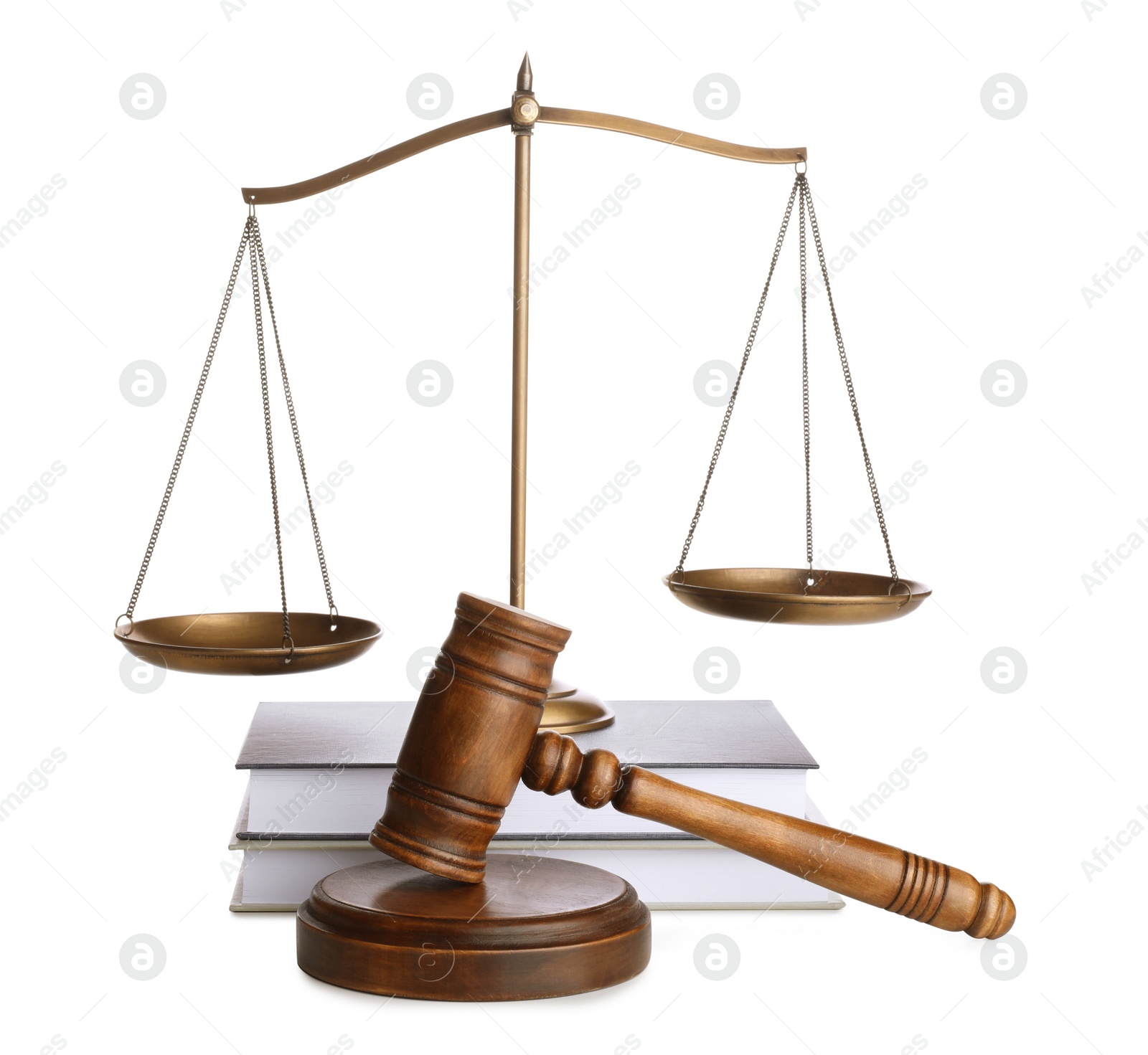 Photo of Wooden gavel, books and scales of justice on white background