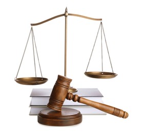 Photo of Wooden gavel, books and scales of justice on white background