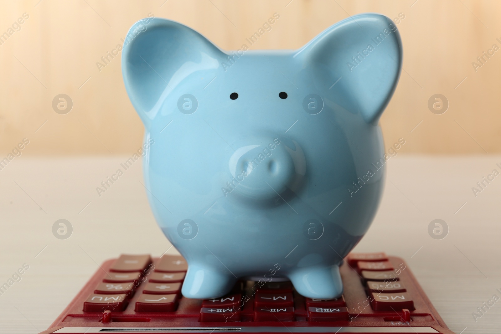 Photo of Calculator and piggy bank on light table, closeup