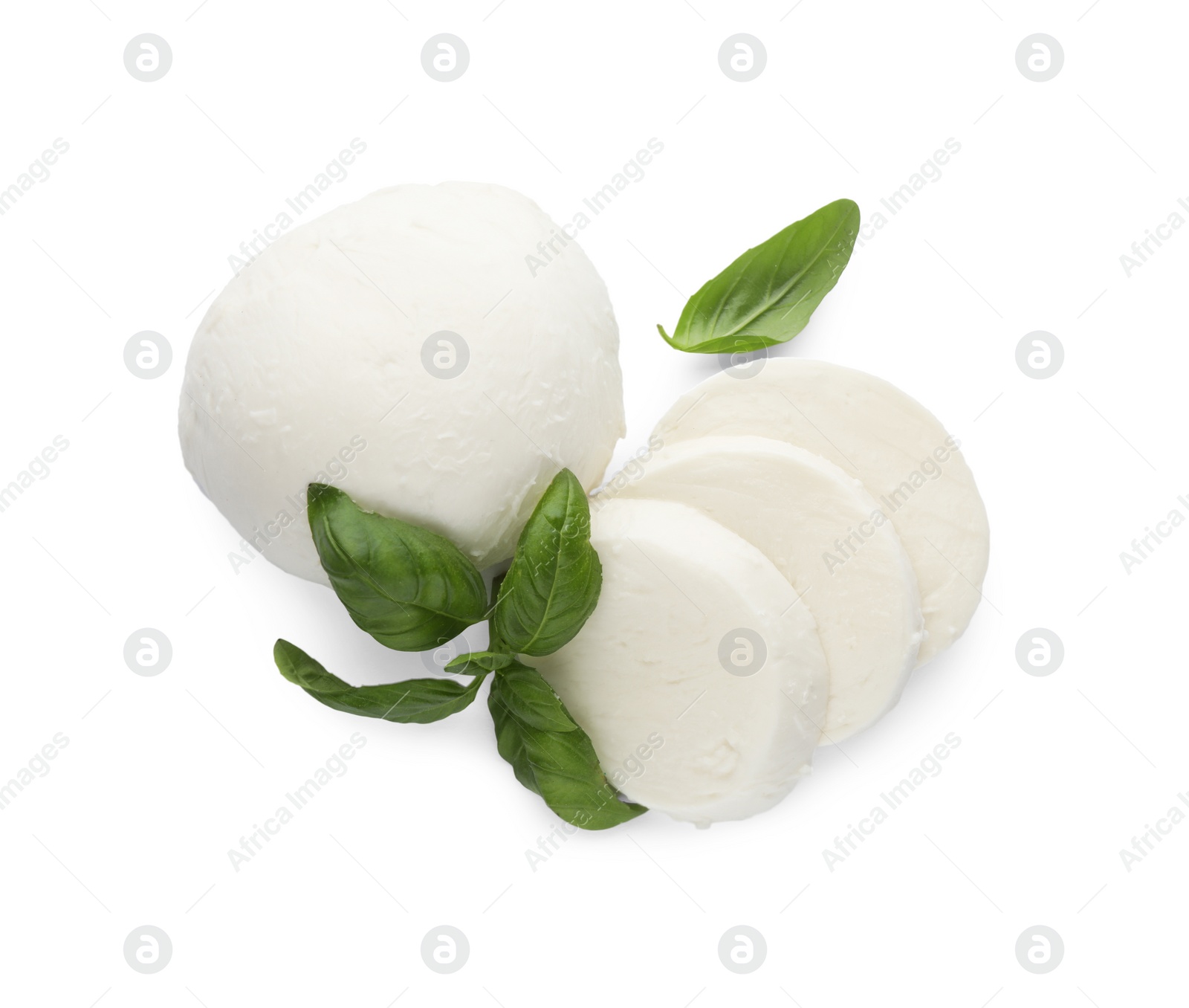 Photo of Delicious mozzarella cheese slices and basil on white background, top view