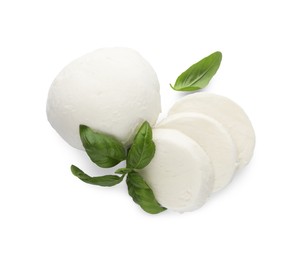 Photo of Delicious mozzarella cheese slices and basil on white background, top view