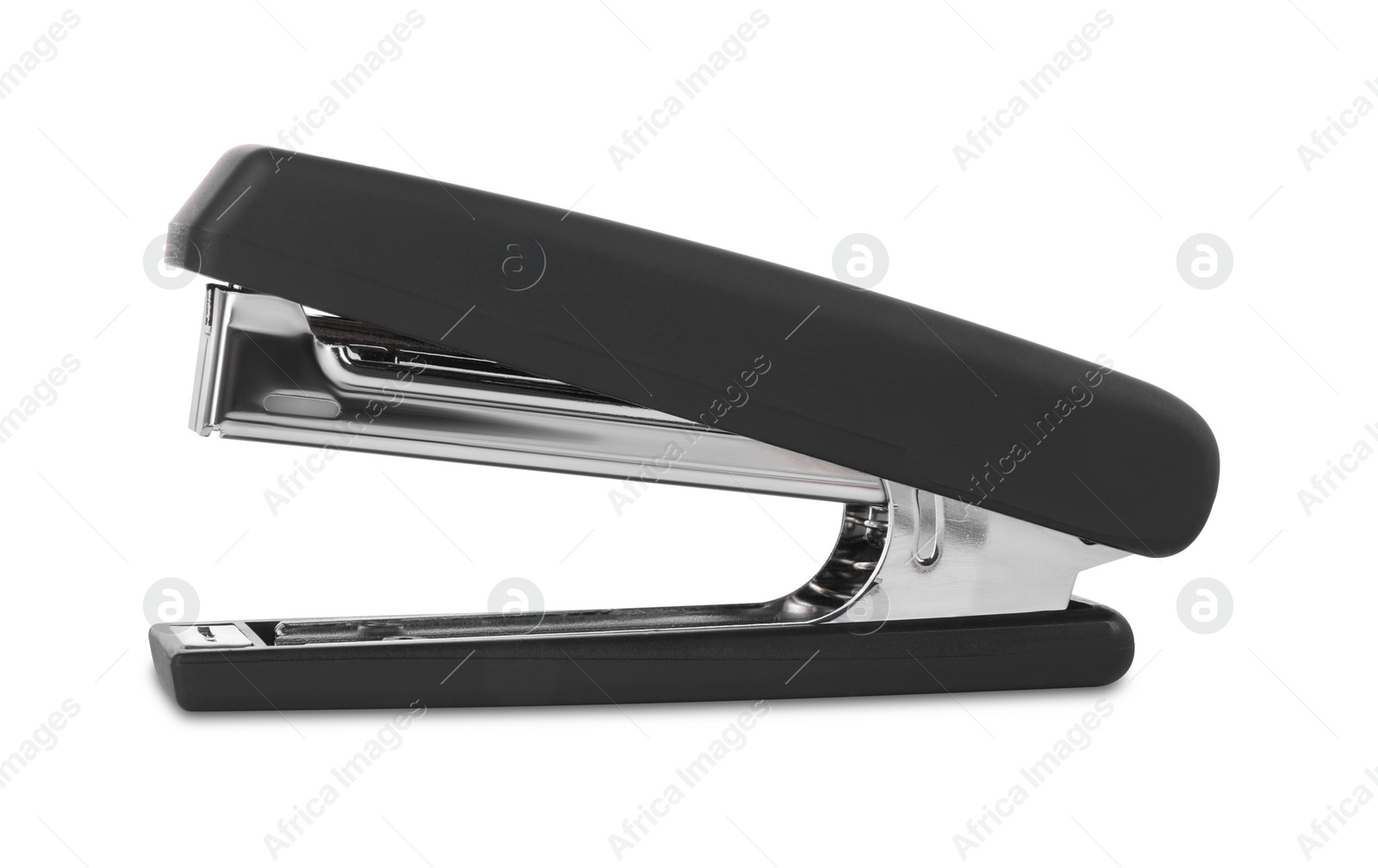 Photo of One new black stapler isolated on white