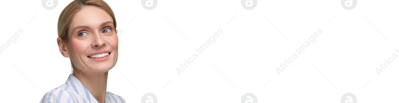 Image of Woman with clean teeth smiling on white background, space for text. Banner design