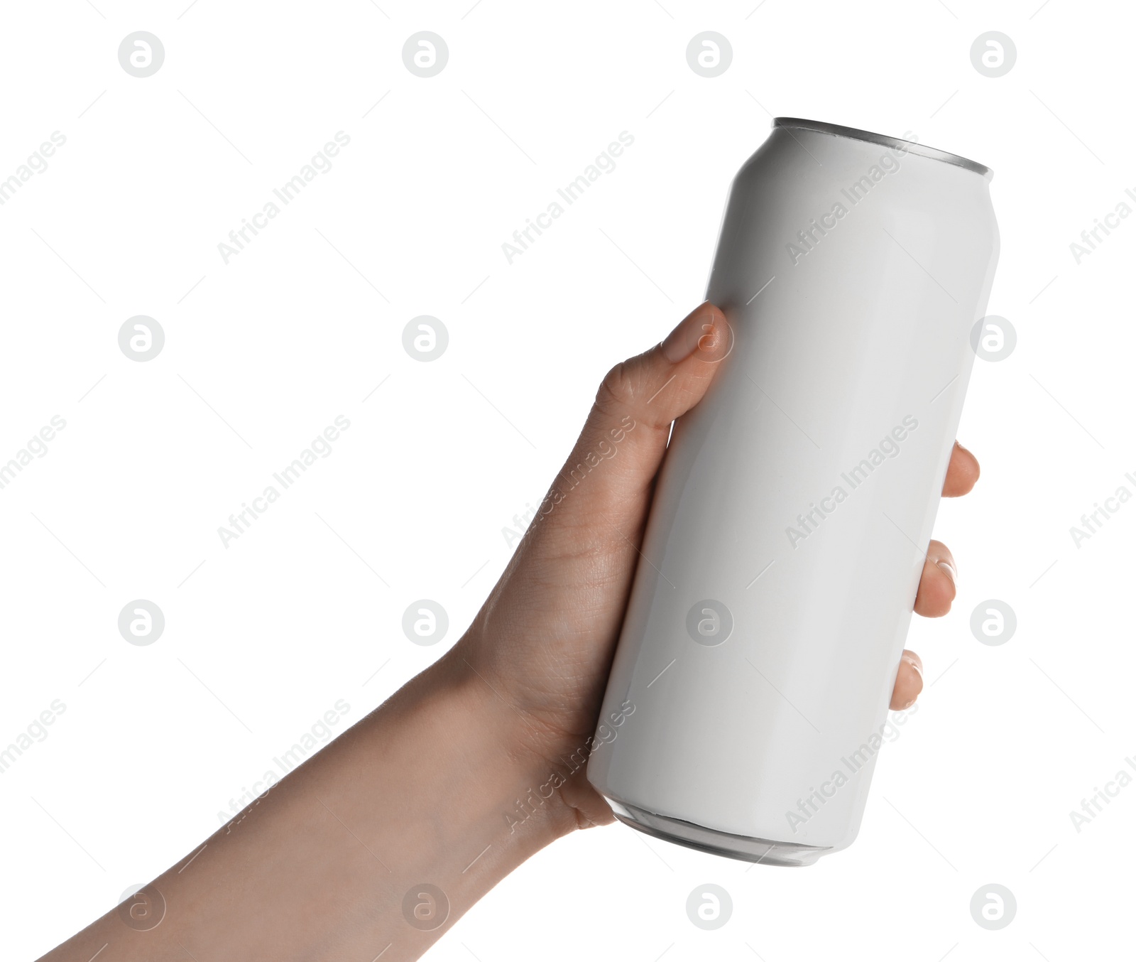 Photo of Woman holding aluminum can on white background, closeup