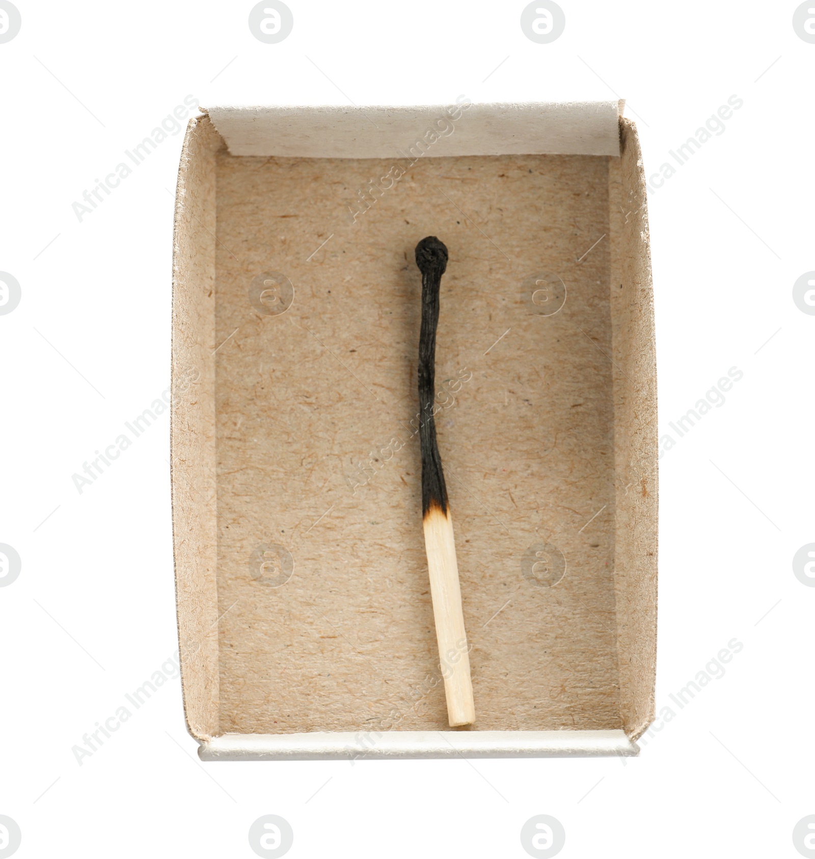 Photo of Cardboard box with burnt match on white background, top view