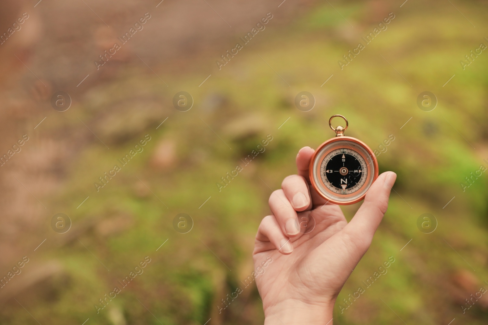 Photo of Woman checking modern compass in wilderness, closeup with space for text