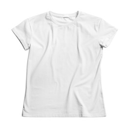 Photo of Stylish t-shirt on white background, top view