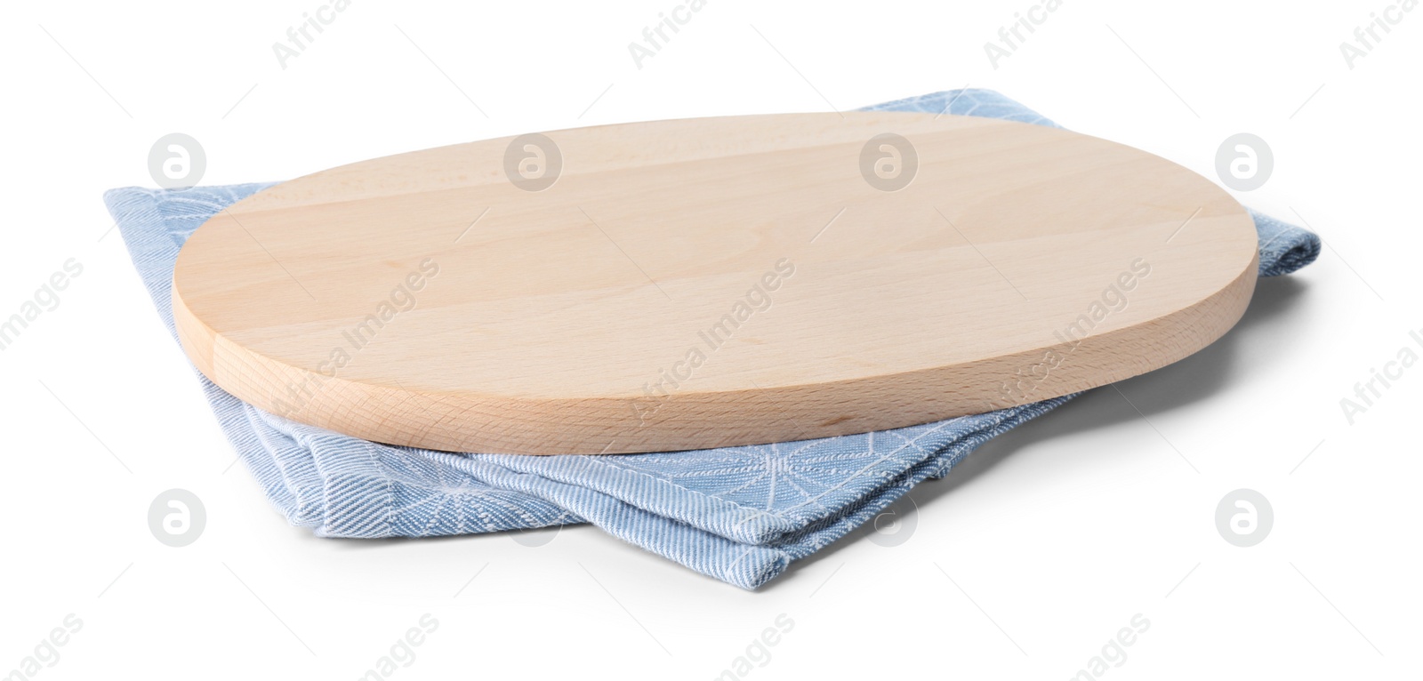 Photo of Wooden cutting board and kitchen towel on white background