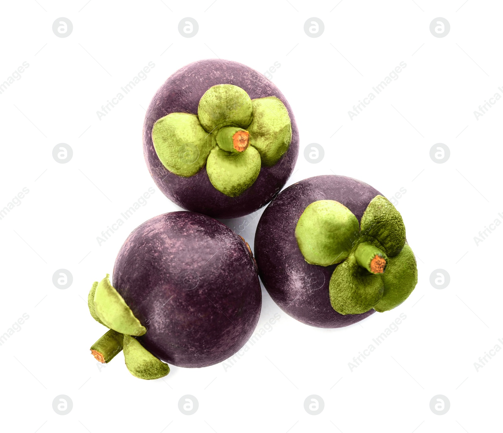 Photo of Delicious ripe mangosteen fruits on white background, top view