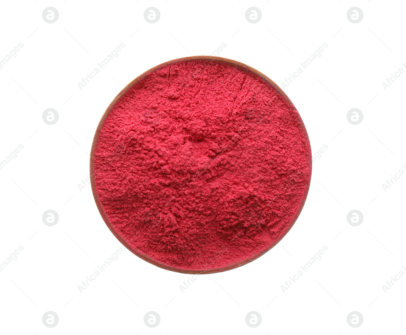 Photo of Red powder in bowl isolated on white, top view. Holi festival celebration