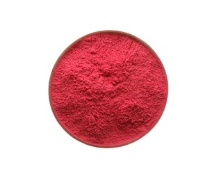 Photo of Red powder in bowl isolated on white, top view. Holi festival celebration