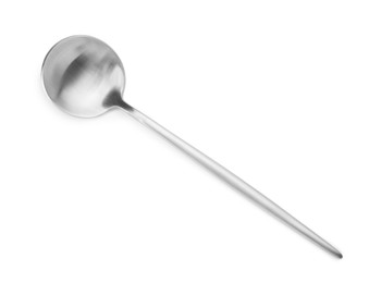 Photo of One shiny silver spoon isolated on white, top view