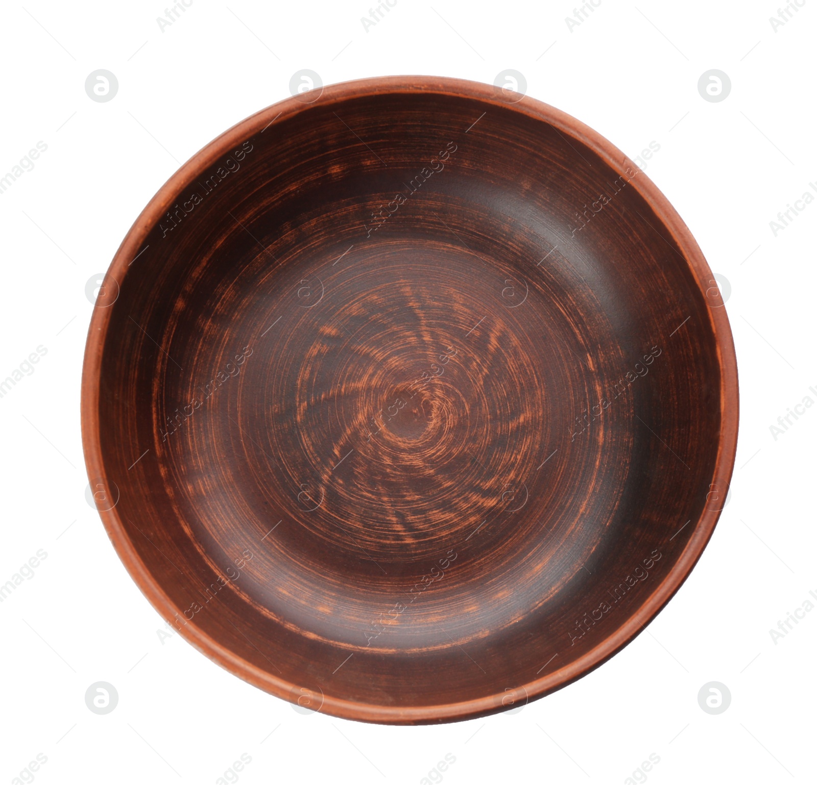 Photo of Brown clay bowl isolated on white, top view