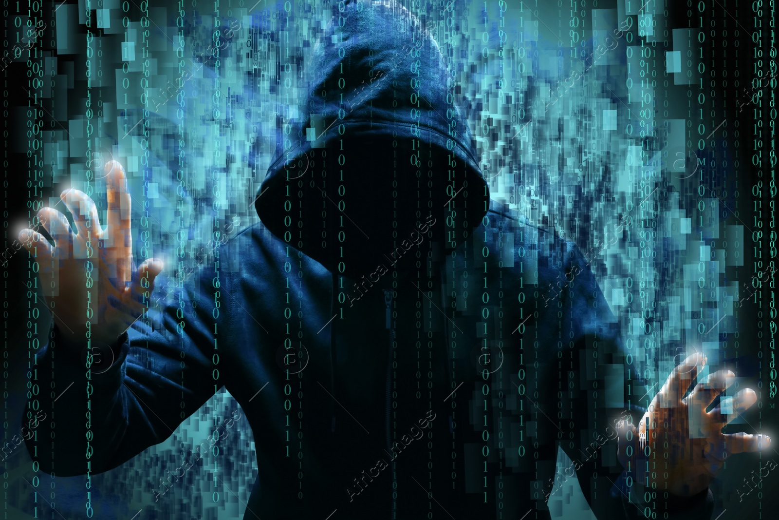 Image of Man in hood and digital binary code on dark background. Cyber attack concept