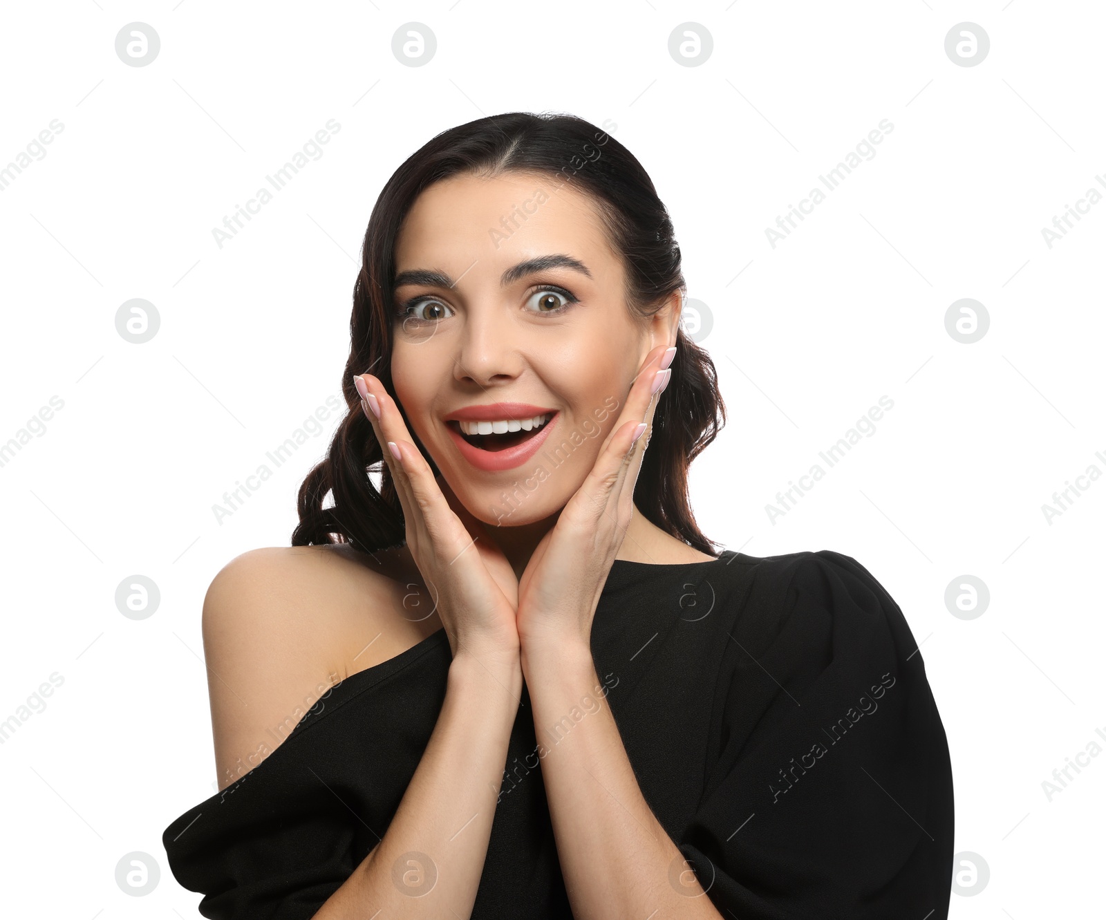 Photo of Portrait of surprised woman on white background