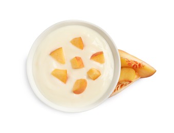 Photo of Delicious yogurt with fresh peach on white background, top view