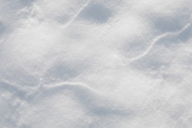 Photo of White snow as background, top view. Winter season