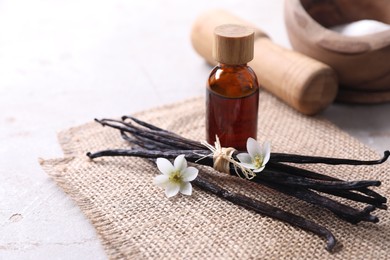 Photo of Vanilla pods, essential oil, flowers and sugar in bowl on light gray table