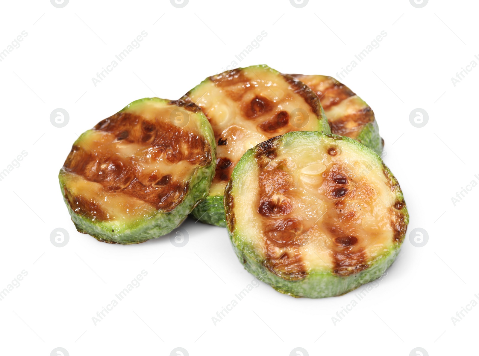 Photo of Slices of delicious grilled zucchini isolated on white