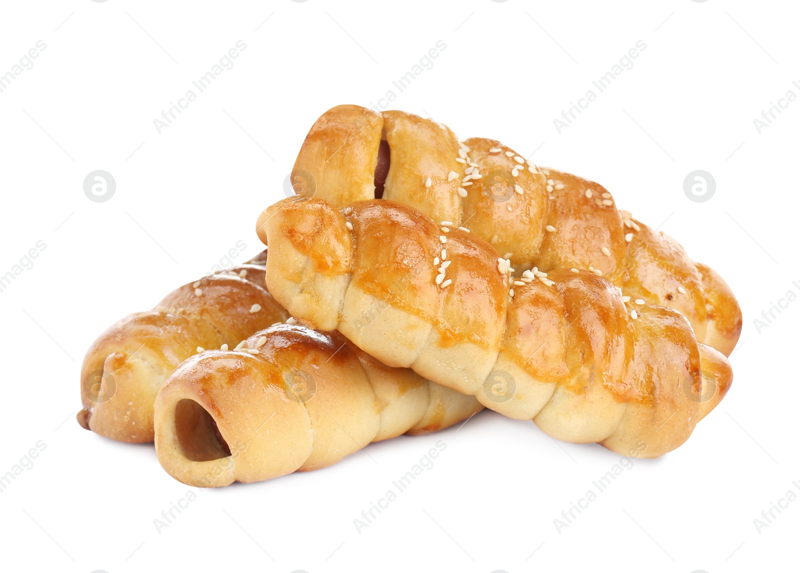 Photo of Many delicious sausage rolls isolated on white