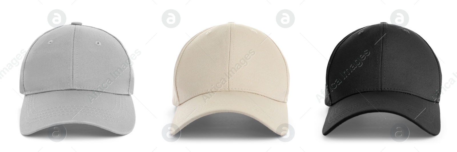 Image of Set with different baseball caps on white background. Mock up for design