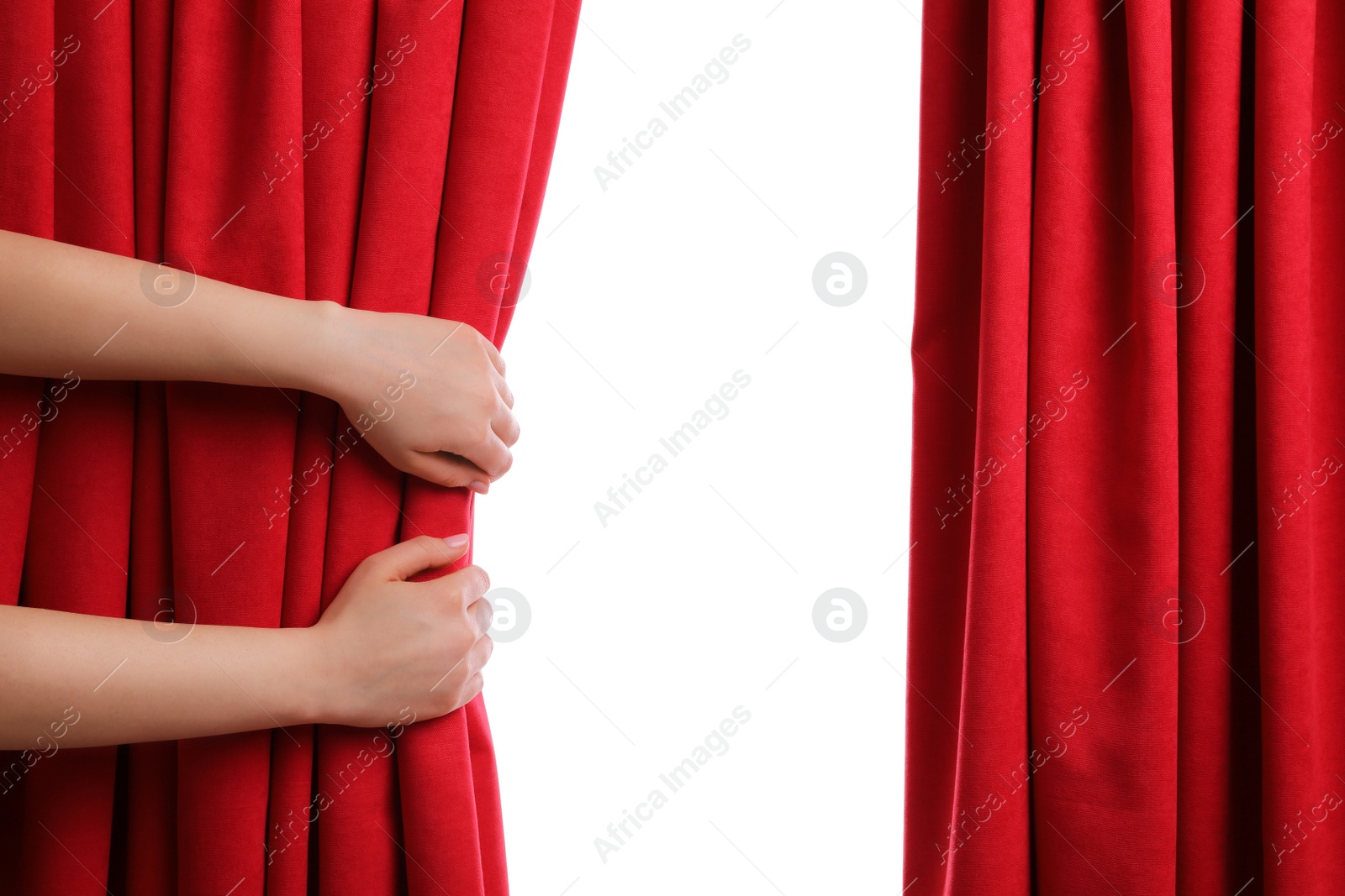 Photo of Woman opening red front curtains on white background, closeup