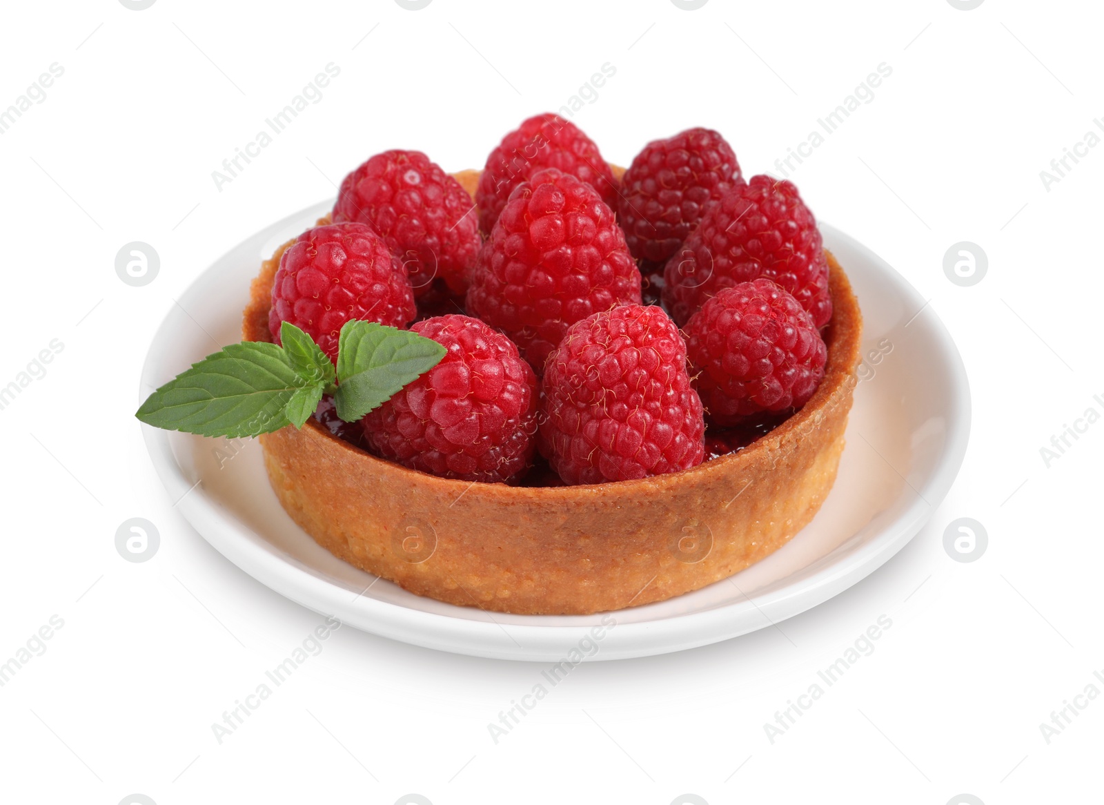 Photo of Tartlet with fresh raspberries and mint isolated on white. Delicious dessert