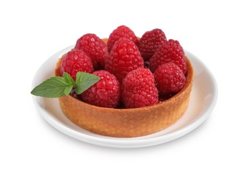 Photo of Tartlet with fresh raspberries and mint isolated on white. Delicious dessert