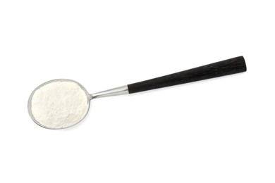 Baking powder in spoon isolated on white, top view