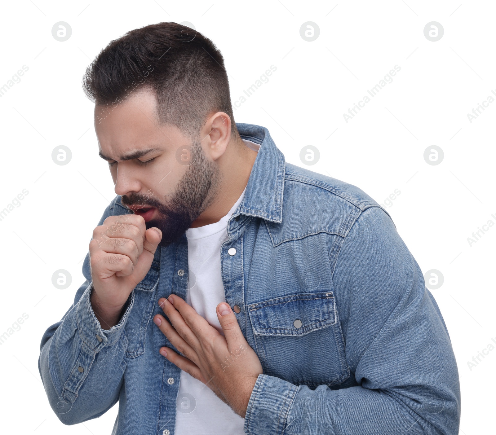 Photo of Sick man coughing on white background. Cold symptoms