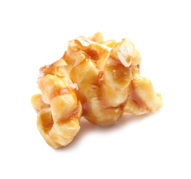 Photo of Delicious caramel popcorn on white background