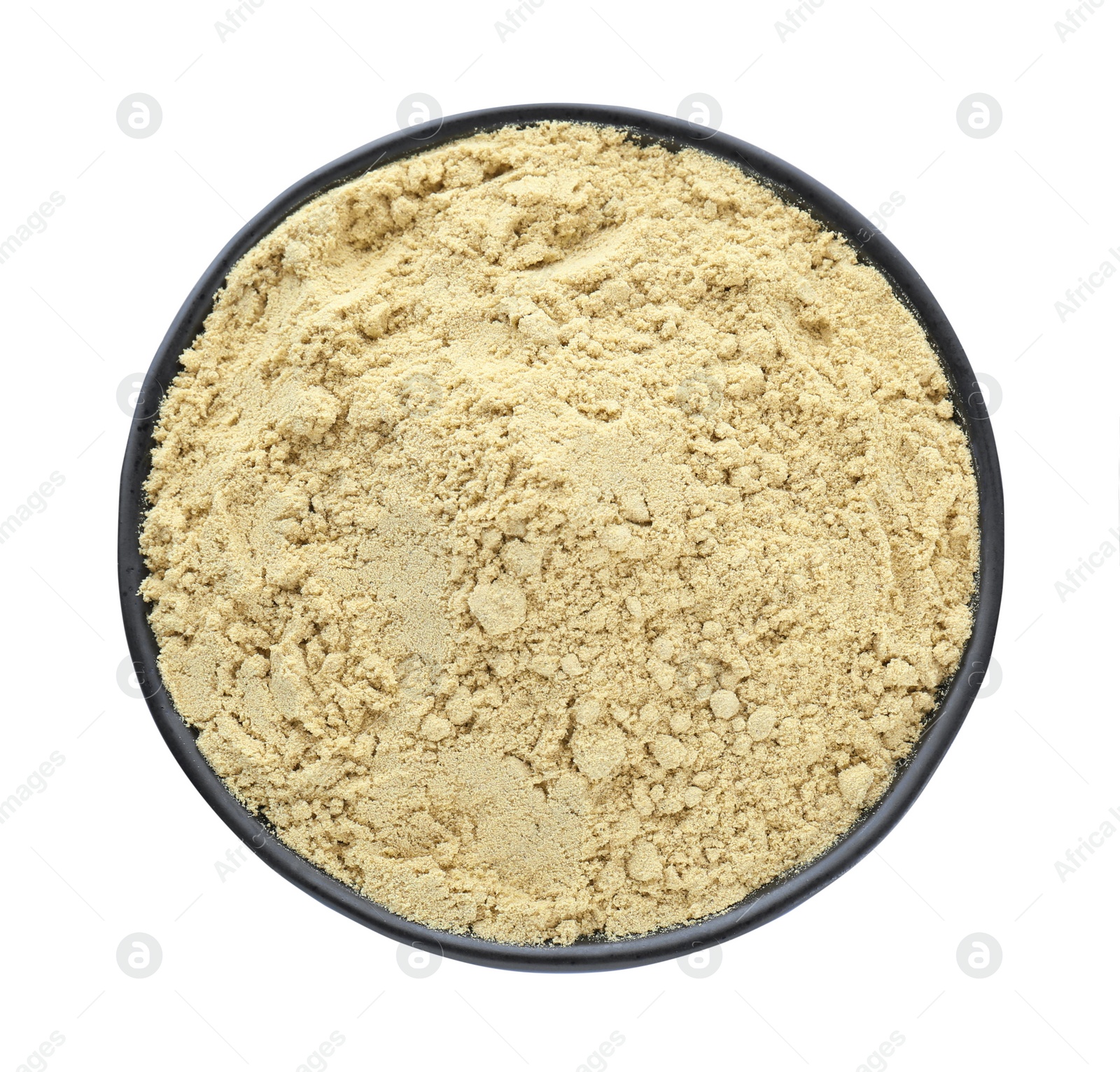 Photo of Aromatic mustard powder in bowl on white background, top view