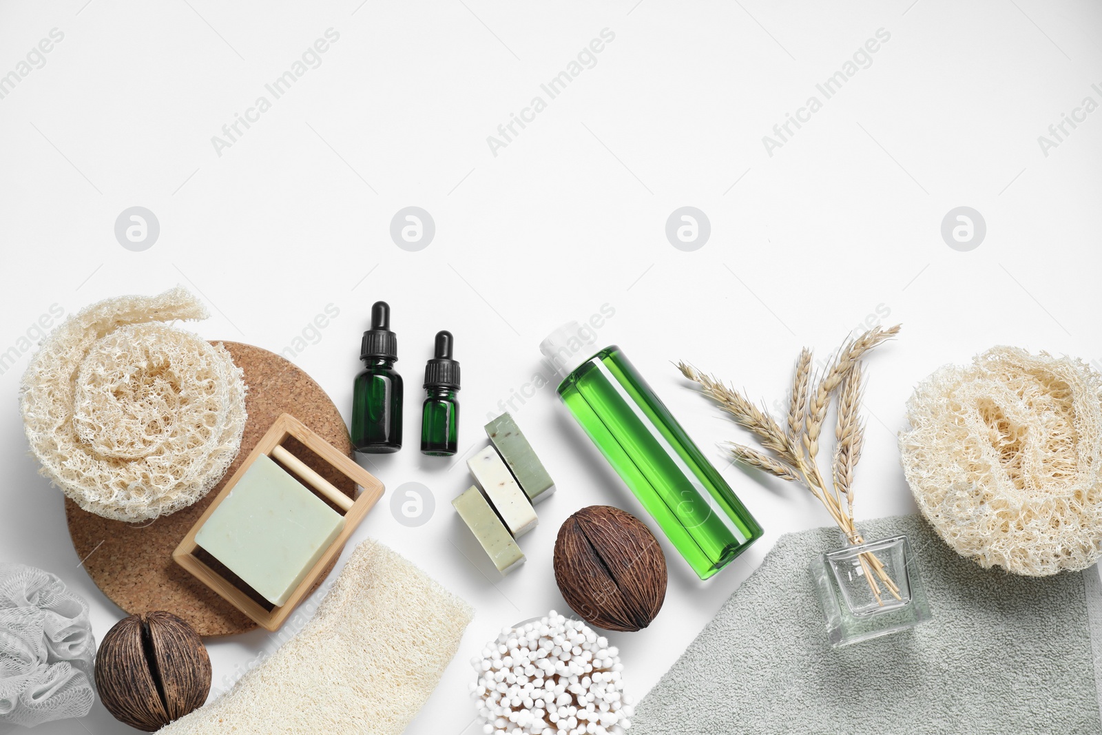 Photo of Bath accessories. Flat lay composition with personal care products on white background, space for text